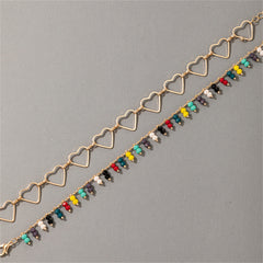 18K Gold-Plated Open Heart Station Anklet & Vibrant Beaded Anklet Set