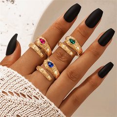 Blue Crystal & 18K Gold-Plated Snake Bypass Ring Set