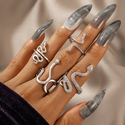Silver-Plated Textured Snake Ring Set, silver statement rings for women, botanical inspired, front view