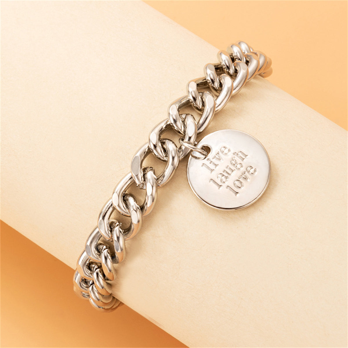 Silver-Plated 'Live Laugh Love' Chunky Curb Chain Anklet
