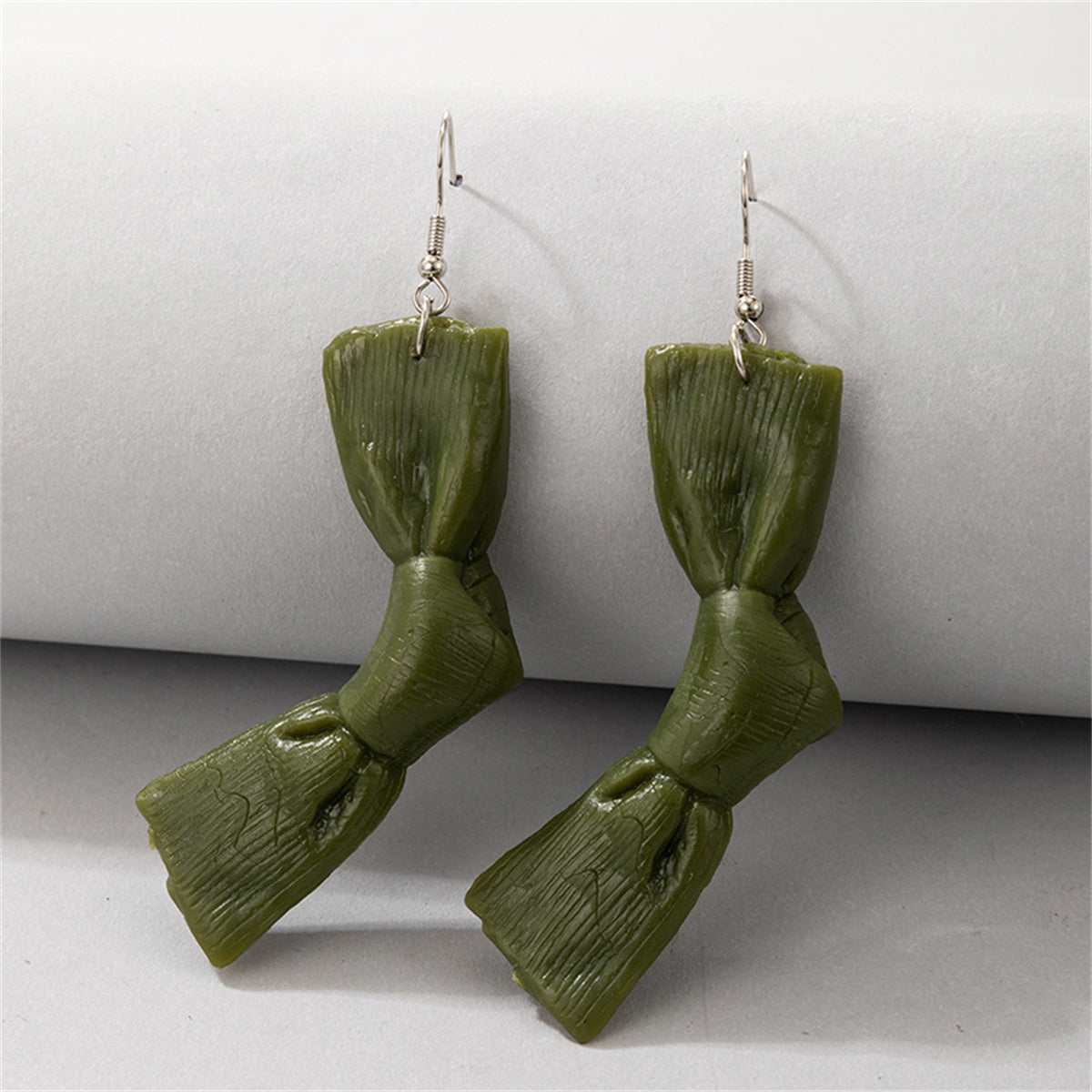 Green Polymer Clay and Silver-Plated Bow Drop Earrings, silver drop earrings for women, everyday style, front view