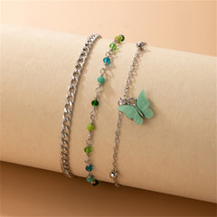 Multiolor Acyrlic & Silver-Plated Beaded Butterfly Charm Anklet Set