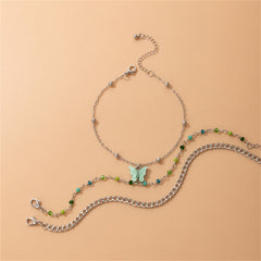 Multiolor Acyrlic & Silver-Plated Beaded Butterfly Charm Anklet Set