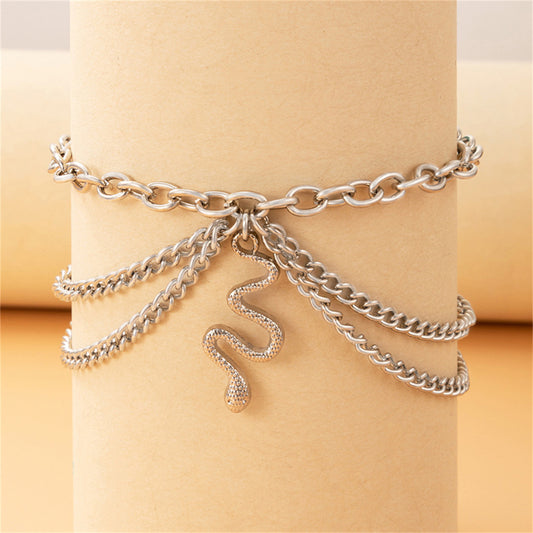 Silver-Plated Snake Charm Layered-Chain Anklet, silver anklet bracelet, vintage-inspired design, front view