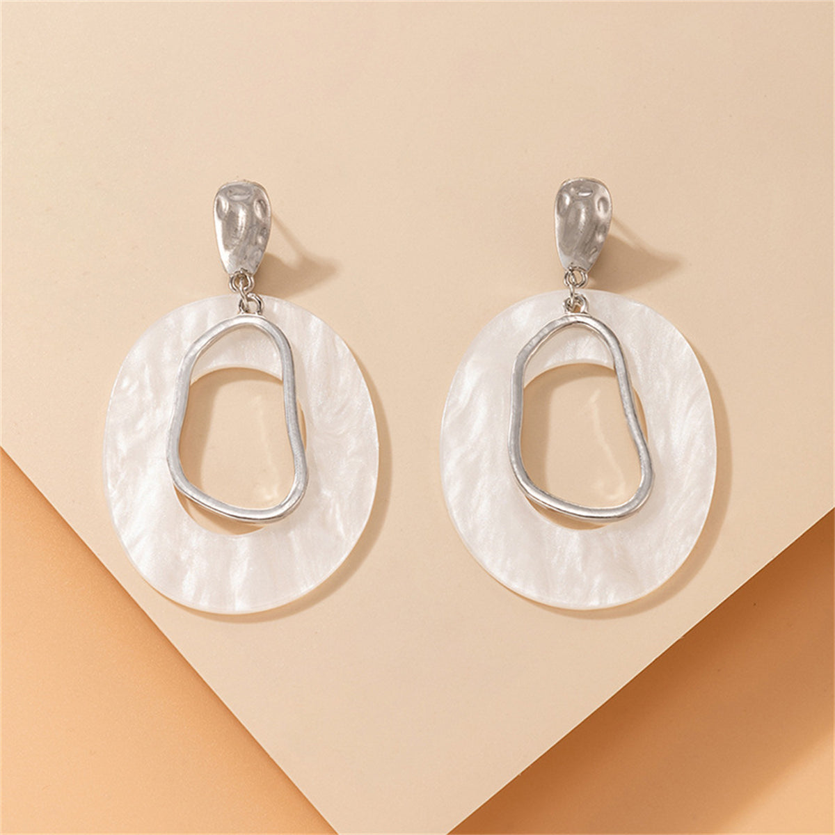 Ivory Acrylic and Silver-Plated Circular Dangle Earrings, silver drop earrings for women, vintage-inspired design, front view