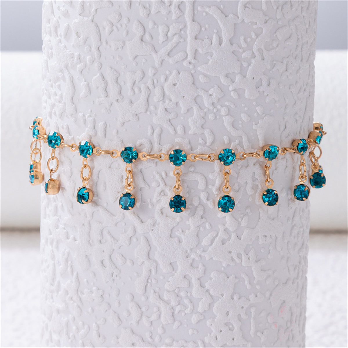Blue Cubic Zirconia & 18K Gold-Plated Tassel Anklet