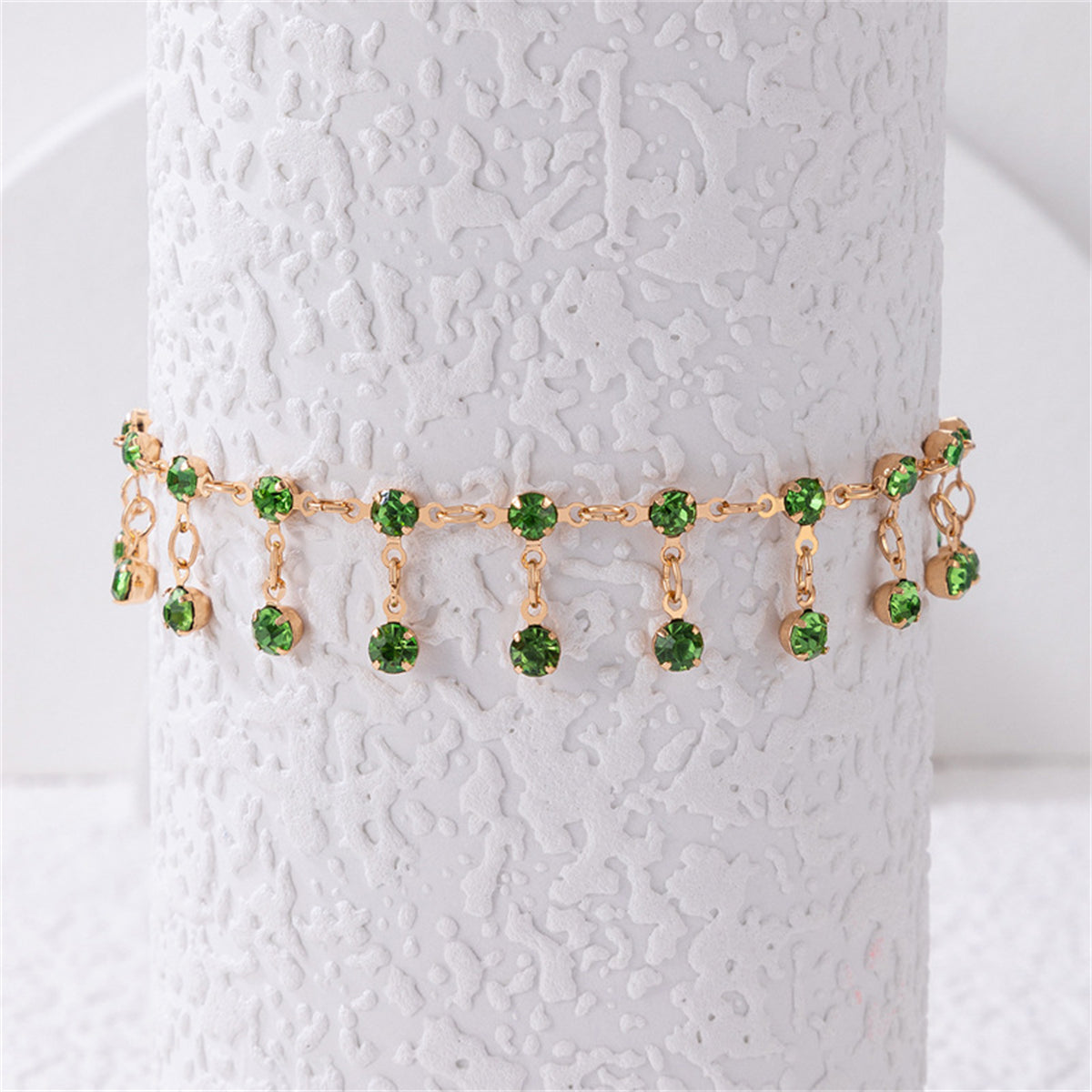 Green Cubic Zirconia & 18K Gold-Plated Tassel Anklet