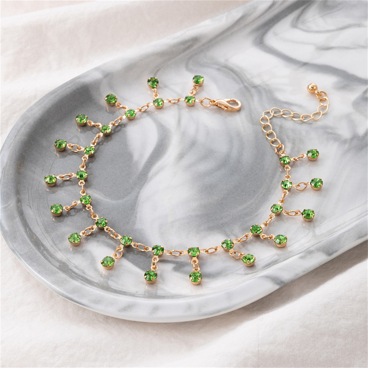 Green Cubic Zirconia & 18K Gold-Plated Tassel Anklet