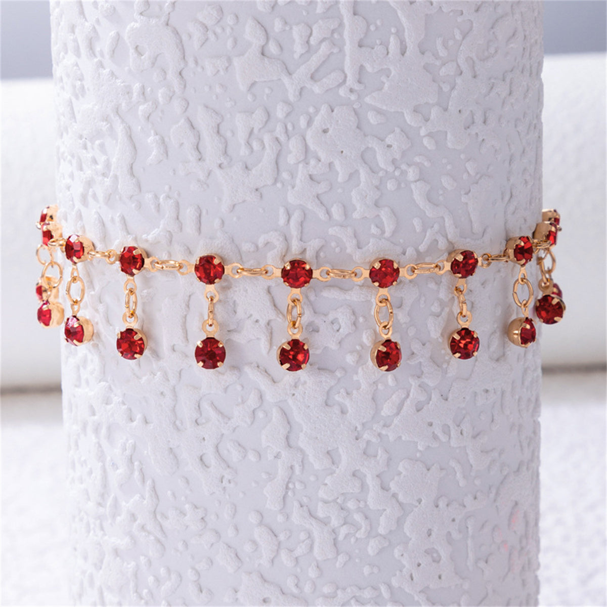 Red Cubic Zirconia & 18K Gold-Plated Tassel Anklet