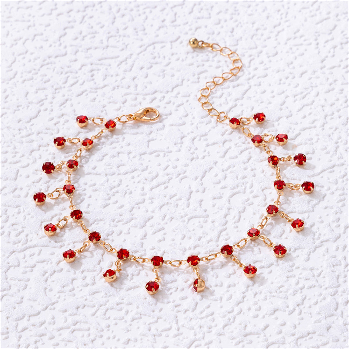 Red Cubic Zirconia & 18K Gold-Plated Tassel Anklet