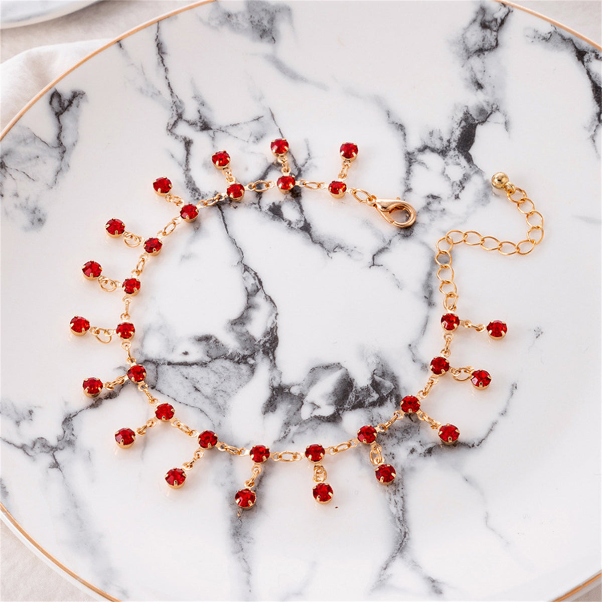 Red Cubic Zirconia & 18K Gold-Plated Tassel Anklet
