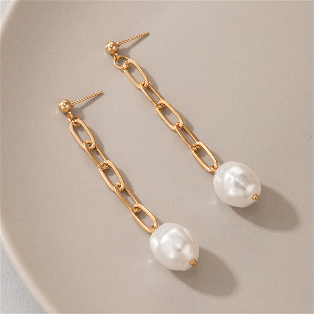 Pearl & 18K Gold-Plated Irregular Cable Chain Drop Earrings