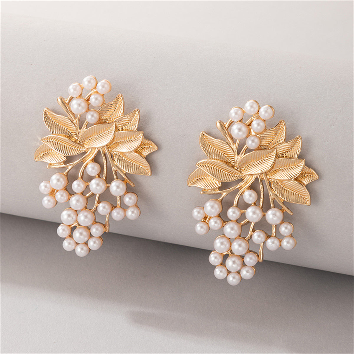 Pearl and 18K Gold-Plated Botanical Drop Earrings, gold drop earrings for women, botanical inspired, front view
