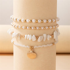 Pearl & Howlite Turquoise 18K Gold-Plated Shell Stretch Anklet Set