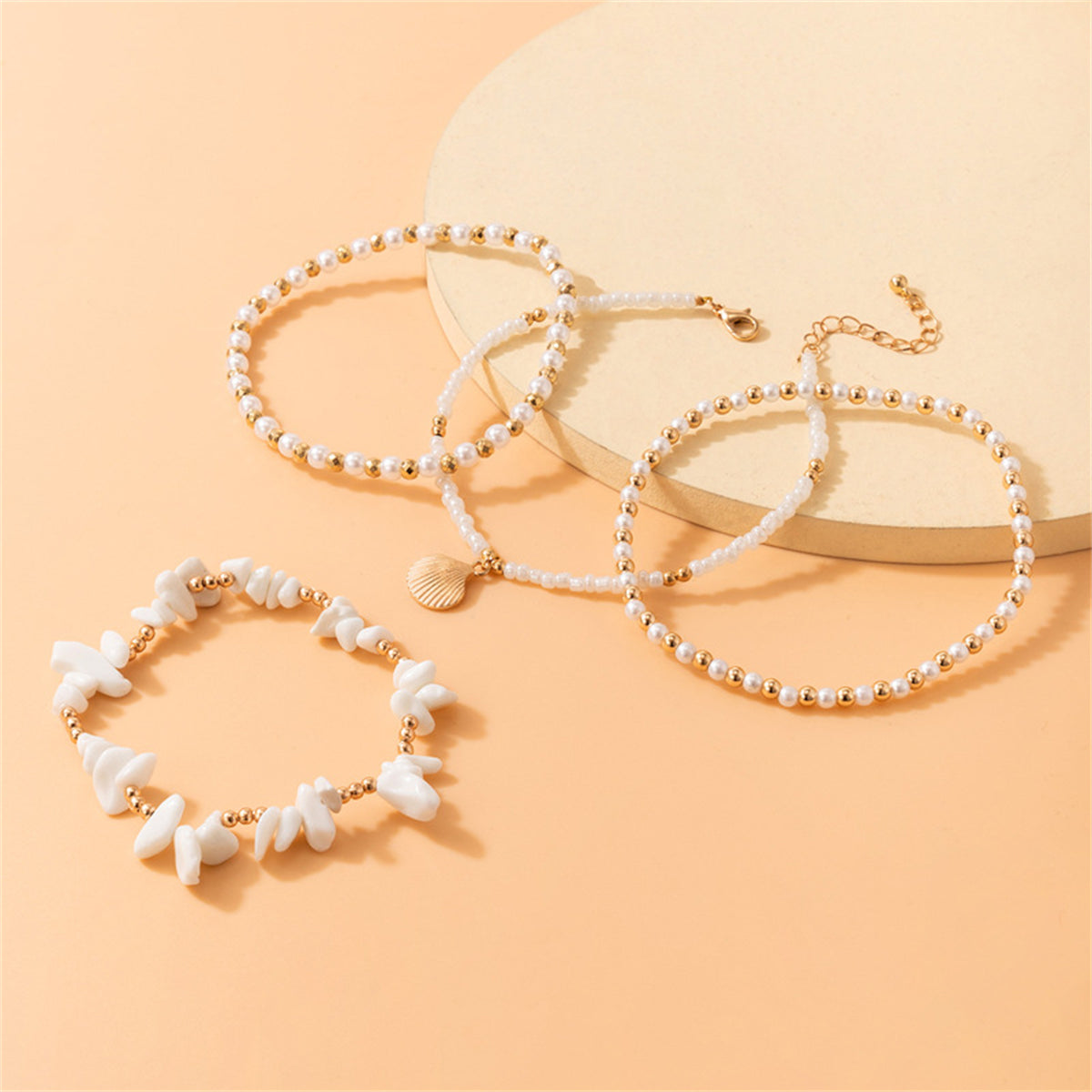 Pearl & Howlite Turquoise 18K Gold-Plated Shell Stretch Anklet Set