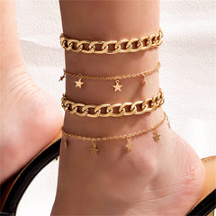 18K Gold-Plated Star Station & Curb Chain Anklet Set