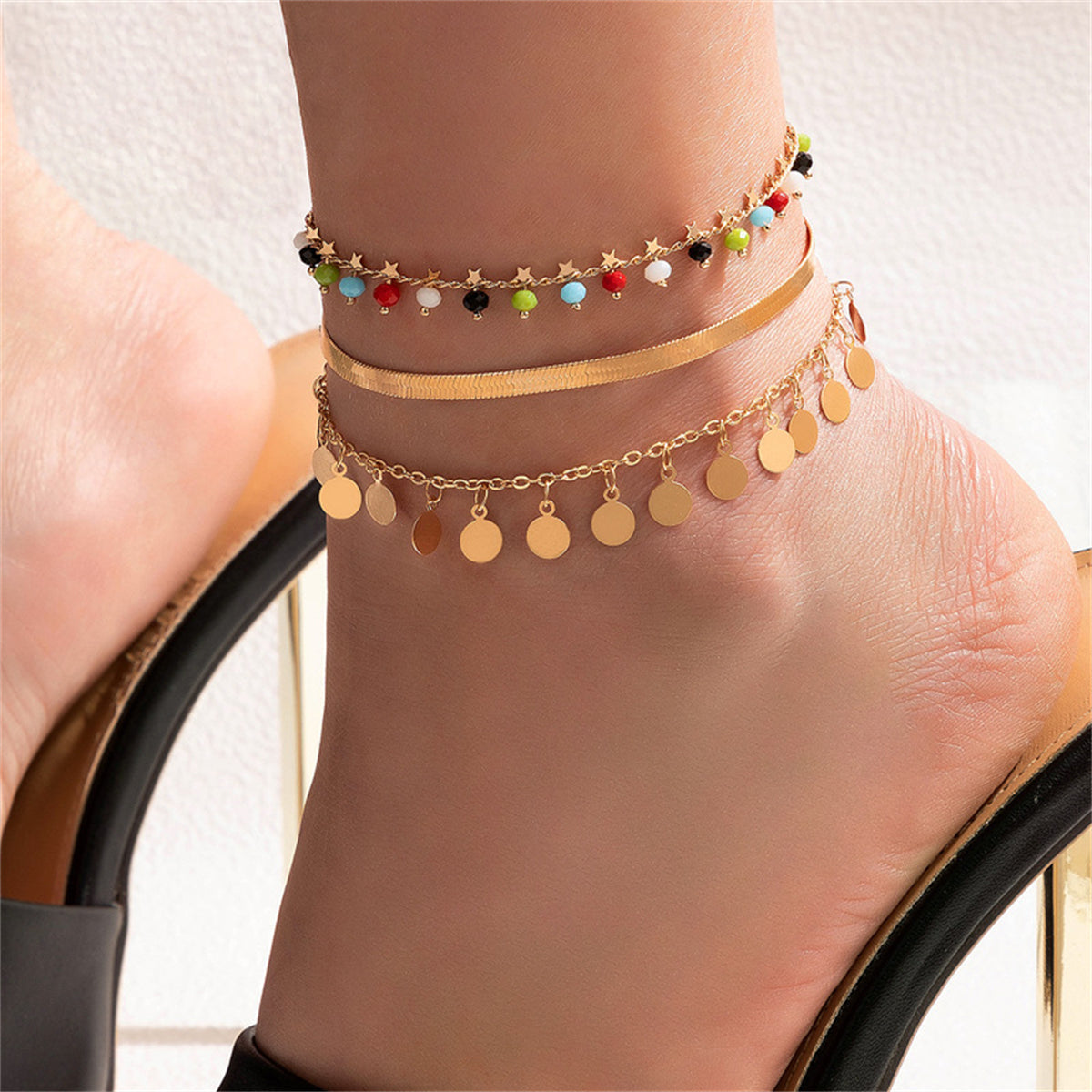 Blue Acrylic & 18K Gold-Plated Anklet Set
