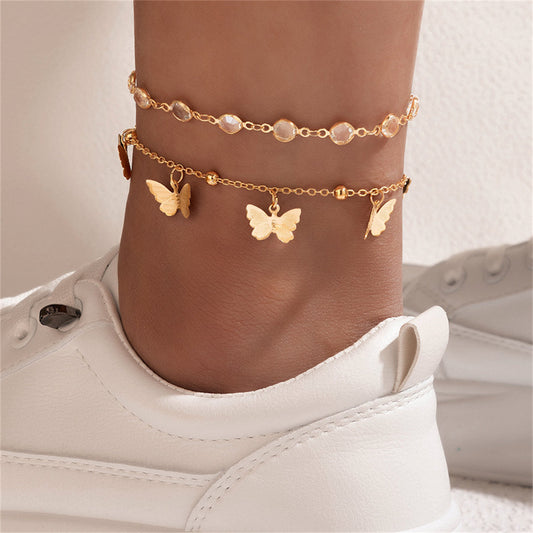 Cubic Zirconia and 18K Gold-Plated Butterfly Tassel Anklet Set, jewelry gift sets for women, everyday style, front view