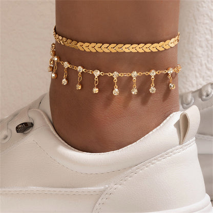 Cubic Zirconia and 18K Gold-Plated Wheat Anklet Set, jewelry gift sets for women, elegant gift for her, front view