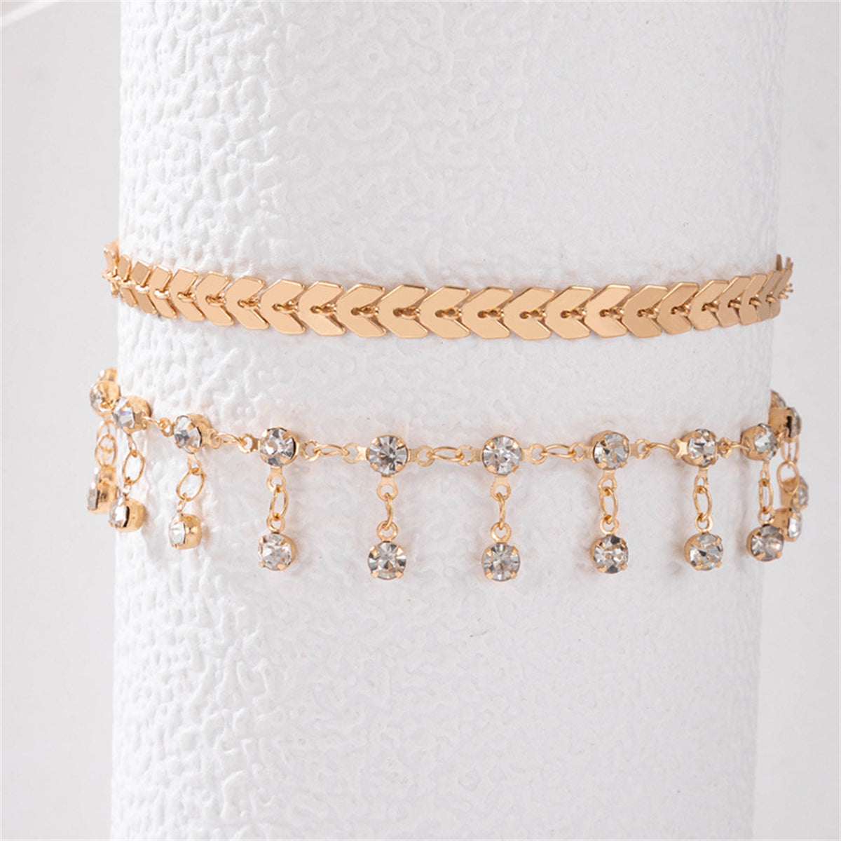 Cubic Zirconia and 18K Gold-Plated Wheat Anklet Set, jewelry gift sets for women, elegant gift for her, side view