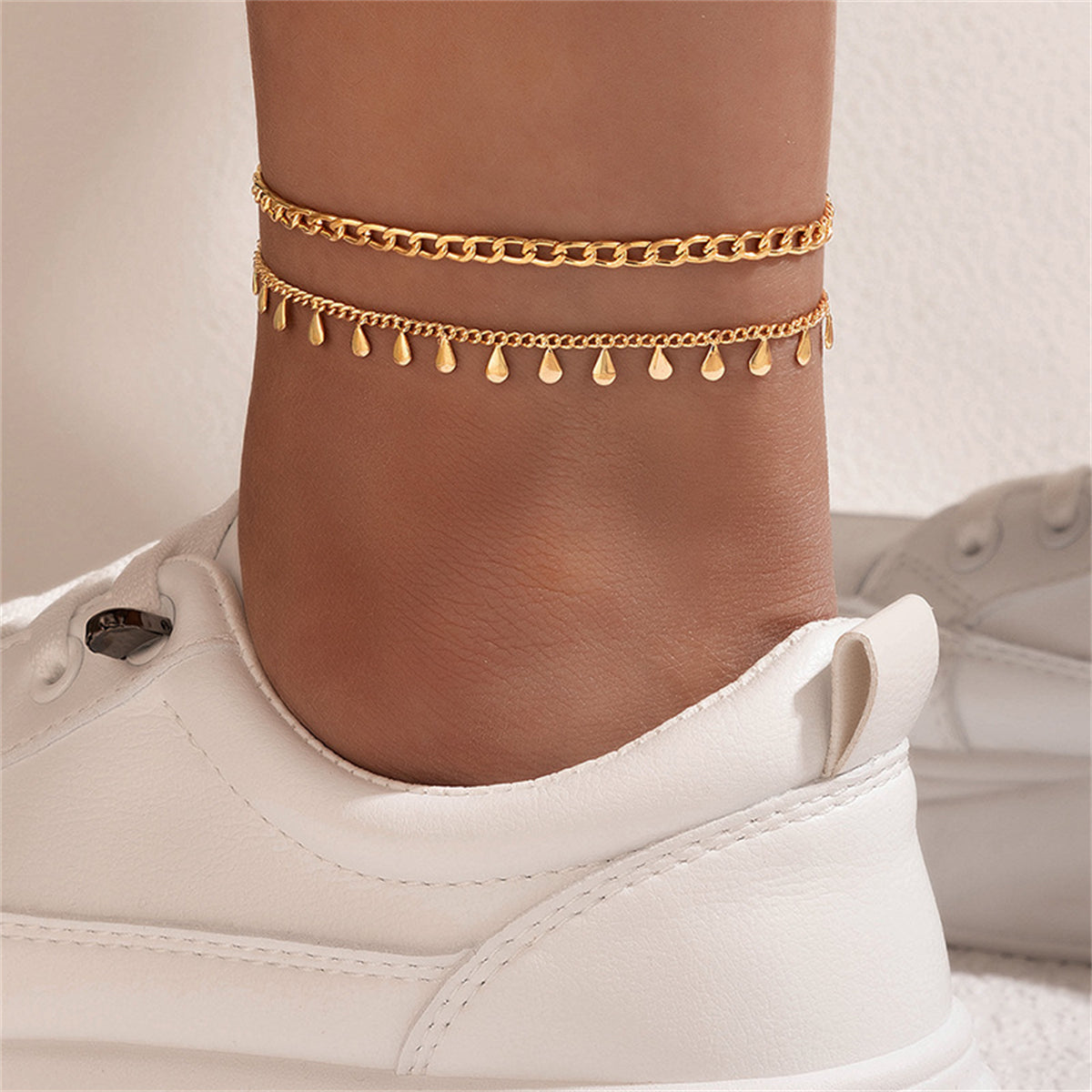18K Gold-Plated Teardrop Charm Anklet Set, jewelry gift sets for women, everyday style, front view
