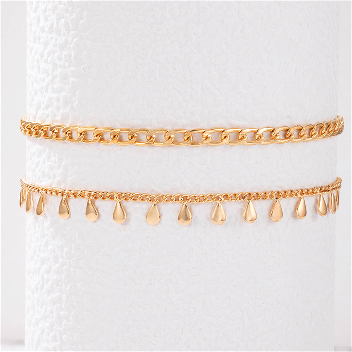 18K Gold-Plated Teardrop Charm Anklet Set, jewelry gift sets for women, everyday style, detail close-up