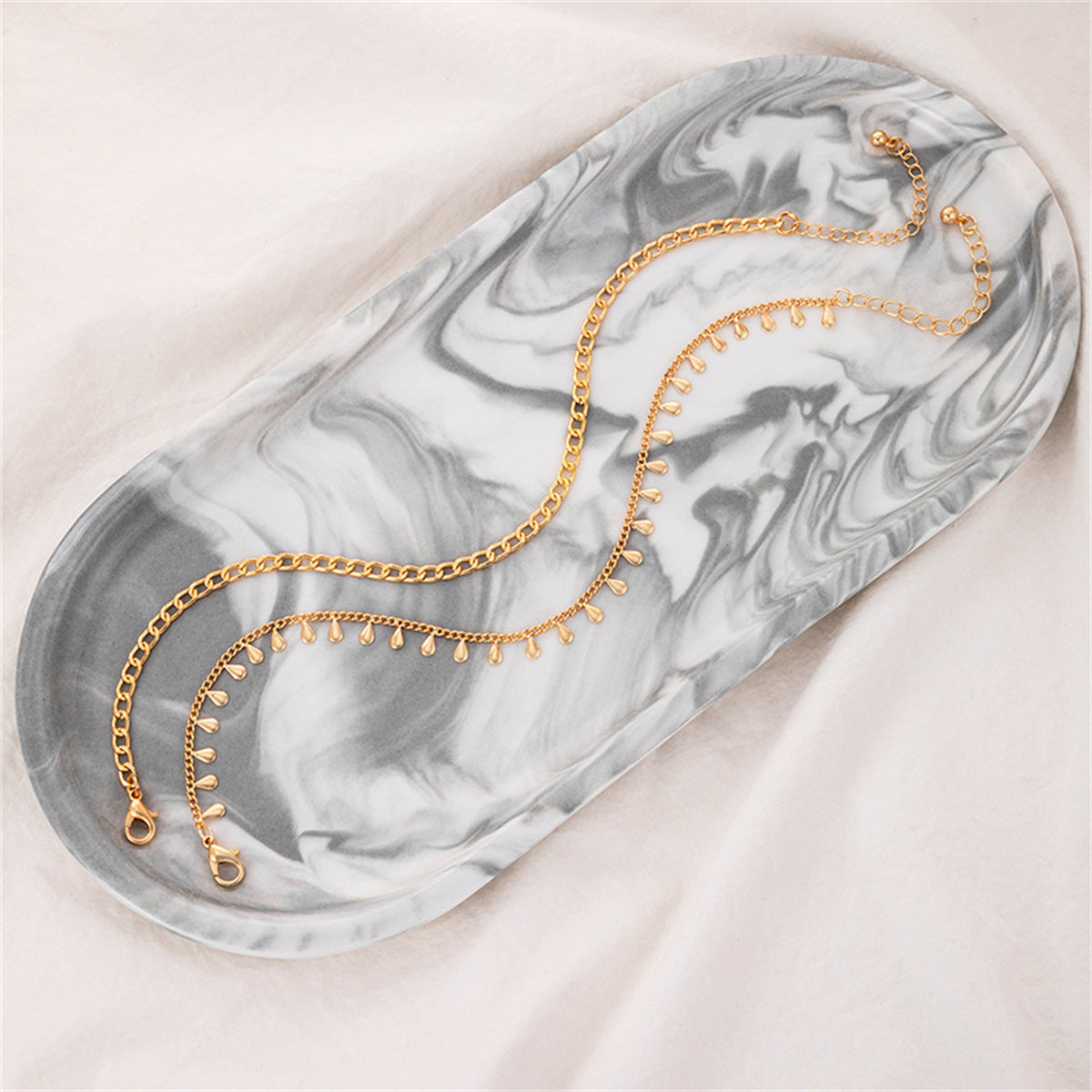 18K Gold-Plated Teardrop Charm Anklet Set, jewelry gift sets for women, everyday style, side view