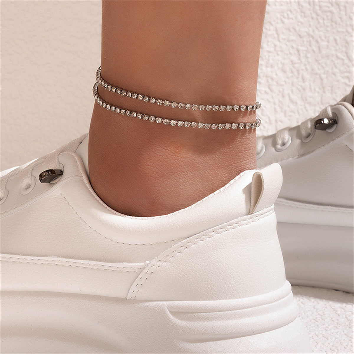 Cubic Zirconia and Silver-Plated Anklet Set, jewelry gift sets for women, elegant gift for her, front view