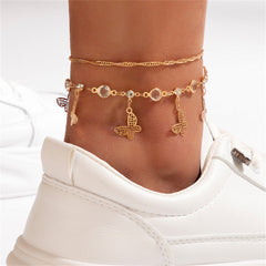 Cubic Zirconia & 18K Gold-Plated Butterfly Openwork Charm Anklet Set