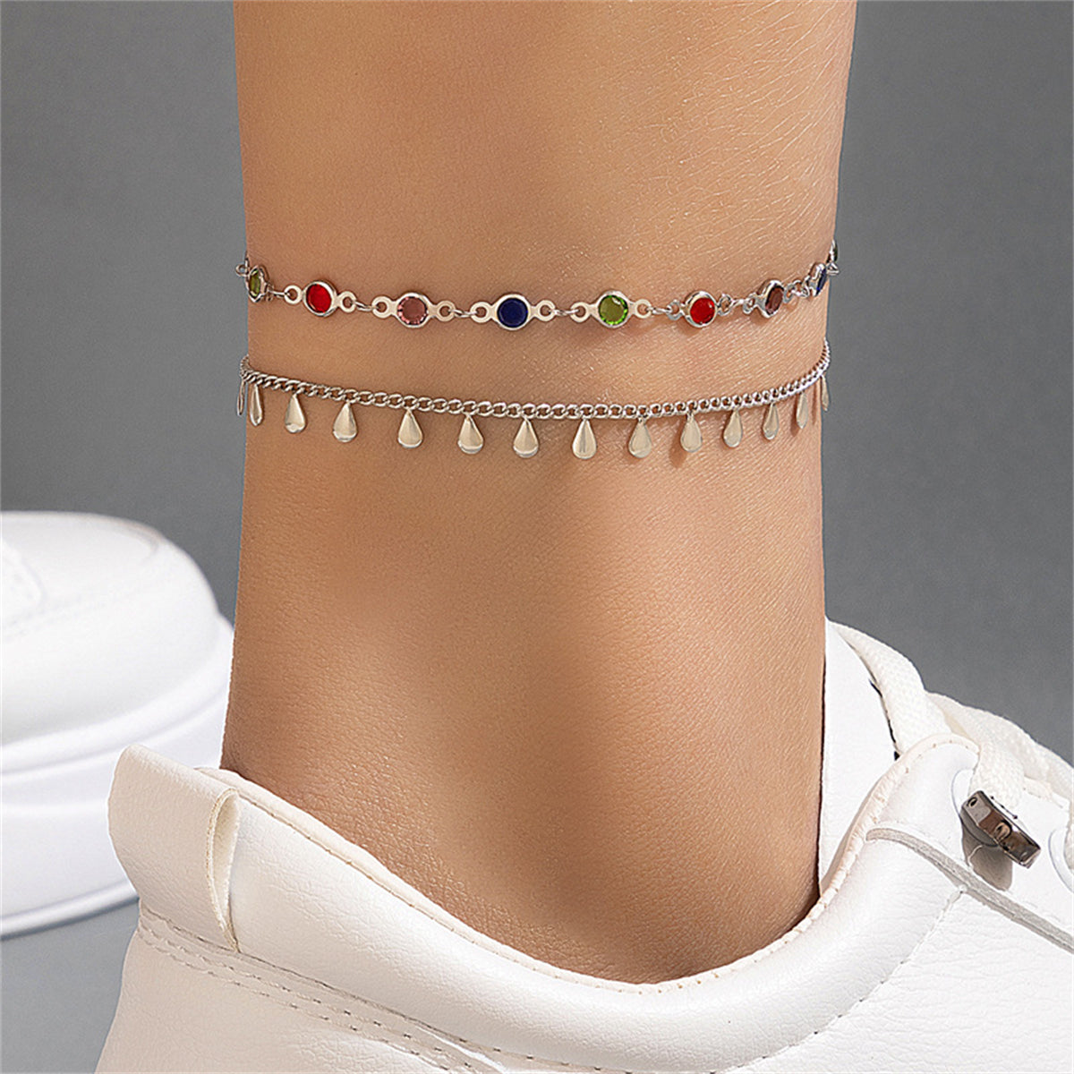 Cubic Zirconia & Silver-Plated Drop Station Anklet Set