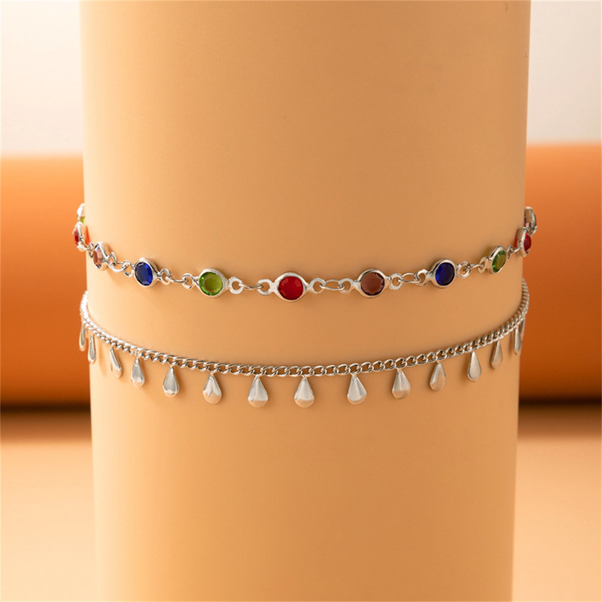 Cubic Zirconia & Silver-Plated Drop Station Anklet Set