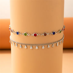 Cubic Zirconia & Silver-Plated Drop Station Anklet Set