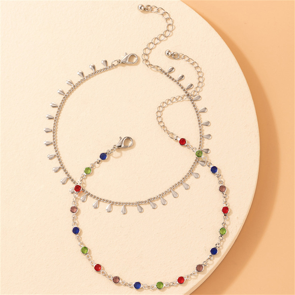 Cubic Zirconia & Silver-Plated Drop Station Anklet Set