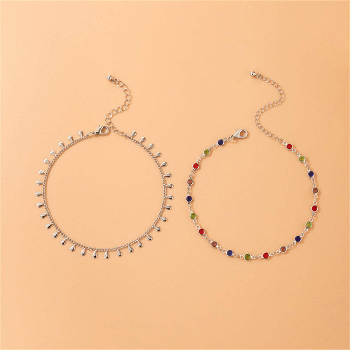 Cubic Zirconia & Silver-Plated Drop Station Anklet Set
