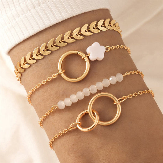 White Acrylic and 18K Gold-Plated Flower Wheat Bracelet Set, jewelry gift sets for women, everyday style, front view