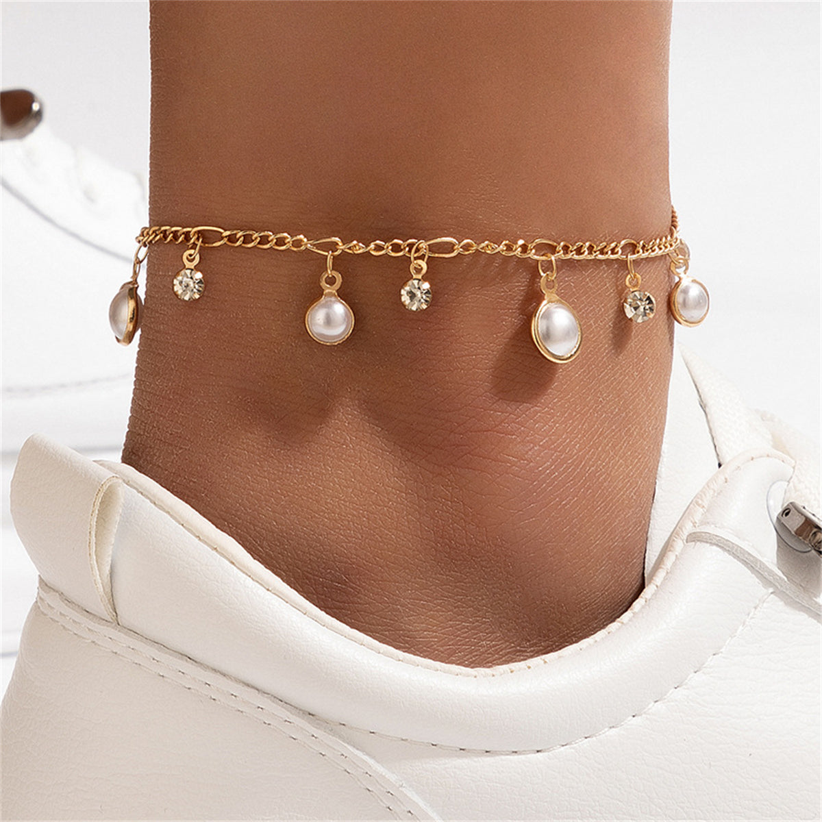 Pearl & Cubic Zirconia 18K Gold-Plated Tassel Anklet