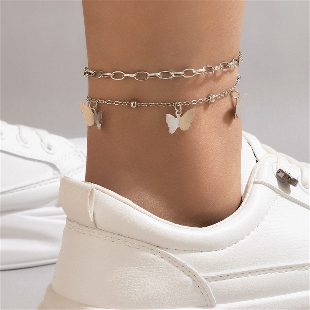 Silver-Plated Butterfly Station Chain Anklet Set