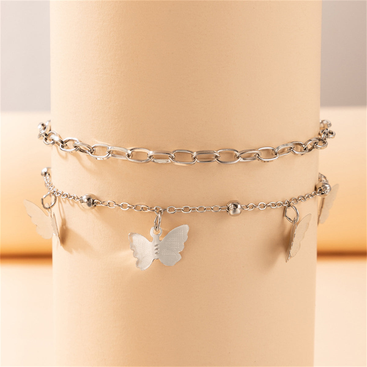 Silver-Plated Butterfly Station Chain Anklet Set, jewelry gift sets for women, vintage-inspired design, lifestyle look