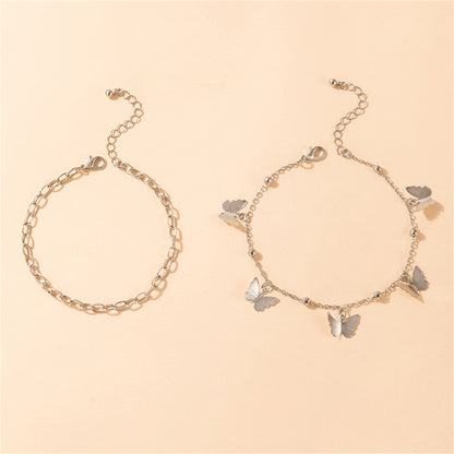 Silver-Plated Butterfly Station Chain Anklet Set, jewelry gift sets for women, vintage-inspired design, styled look