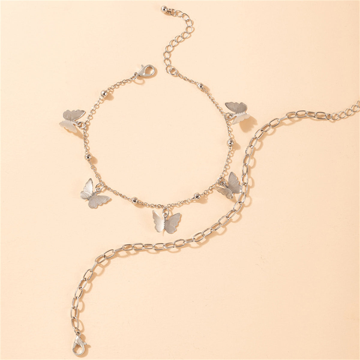Silver-Plated Butterfly Station Chain Anklet Set, jewelry gift sets for women, vintage-inspired design, side view