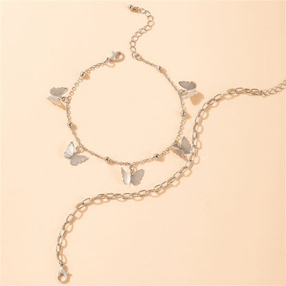 Silver-Plated Butterfly Station Chain Anklet Set, jewelry gift sets for women, vintage-inspired design, side view