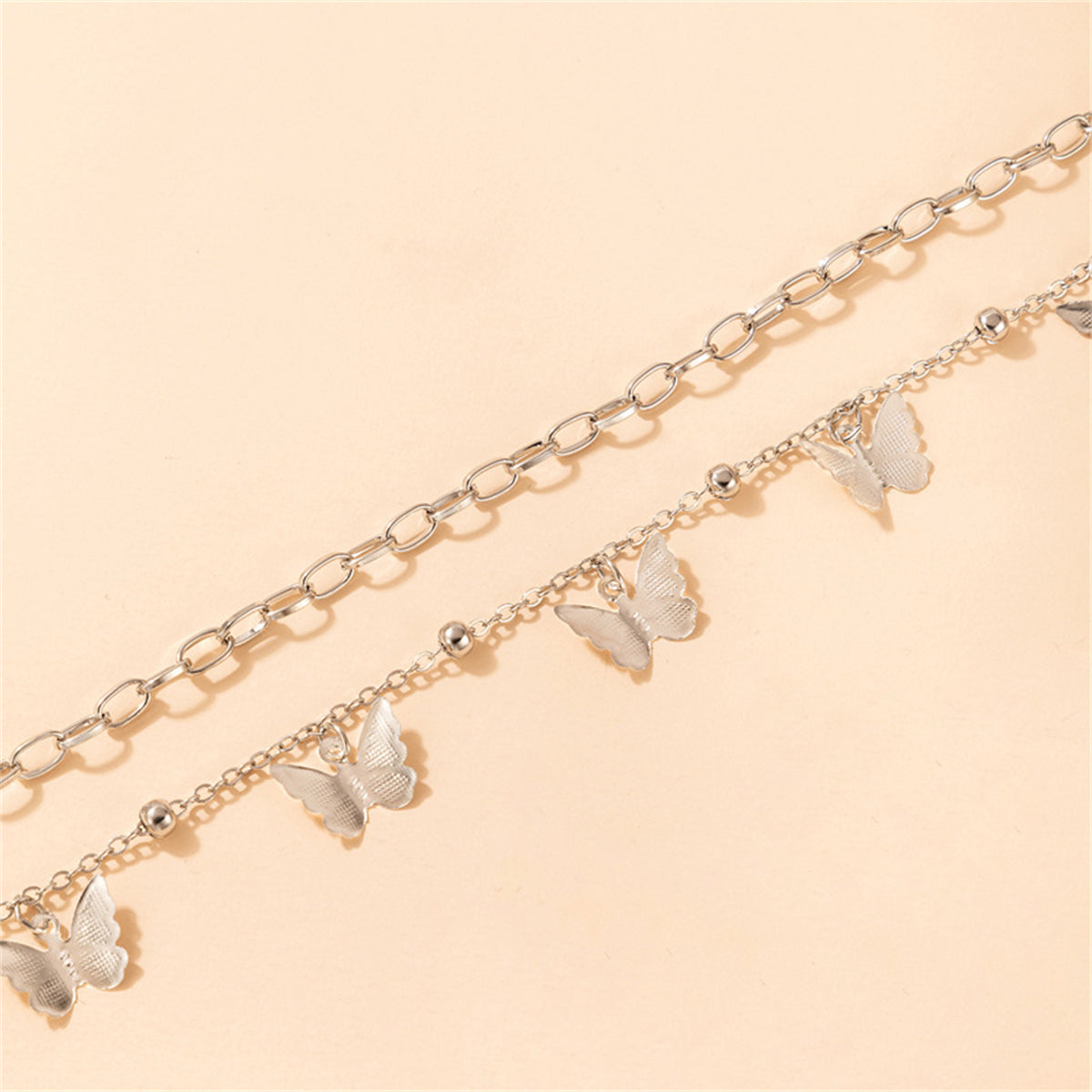 Silver-Plated Butterfly Station Chain Anklet Set, jewelry gift sets for women, vintage-inspired design, detail close-up