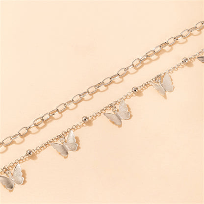 Silver-Plated Butterfly Station Chain Anklet Set, jewelry gift sets for women, vintage-inspired design, detail close-up