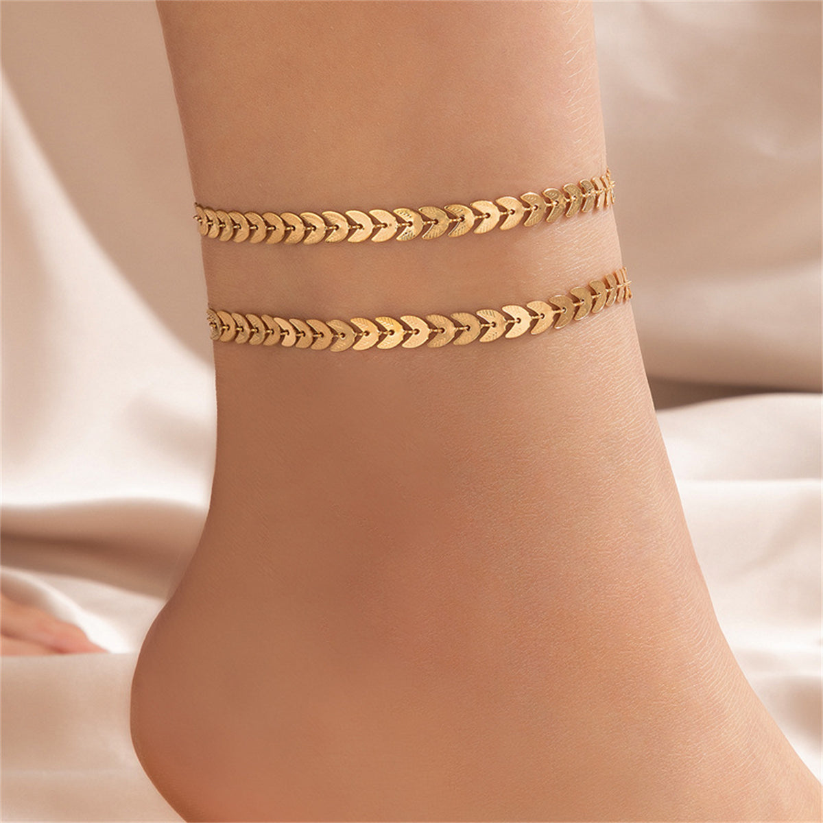 18K Gold-Plated Wheat Chain Anklet Set, jewelry gift sets for women, elegant gift for her, front view
