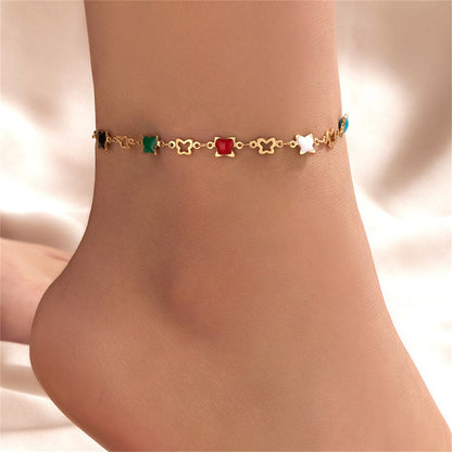 Vibrant Enamel and 18K Gold-Plated Butterfly Station Anklet, gold anklet bracelet, elegant gift for her, front view