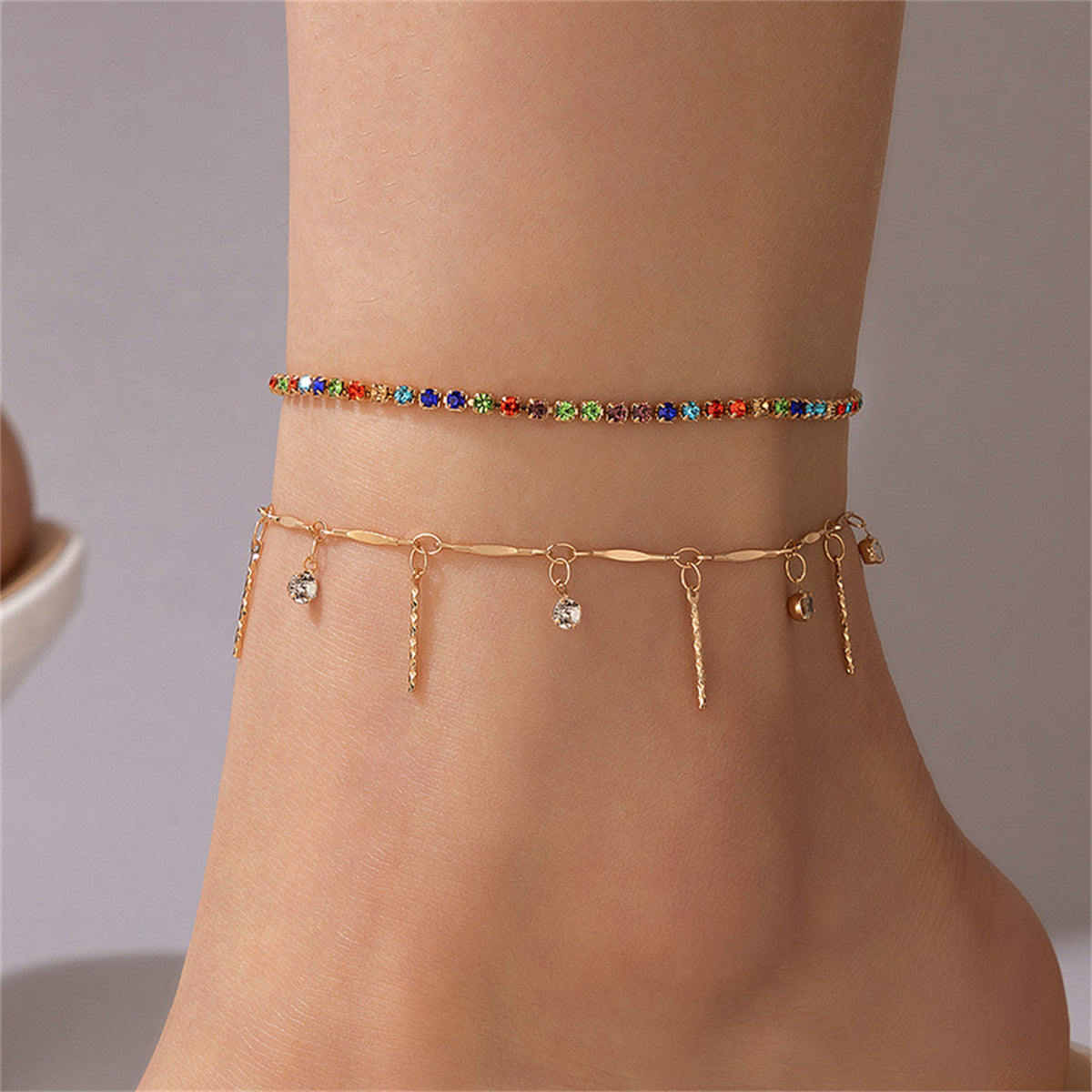 Red Multicolor Cubic Zirconia & 18K Gold-Plated Spike Tassel Anklet Set