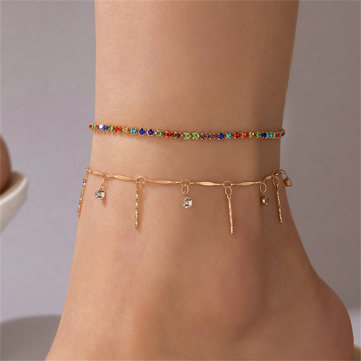 Red Multicolor Cubic Zirconia & 18K Gold-Plated Spike Tassel Anklet Set