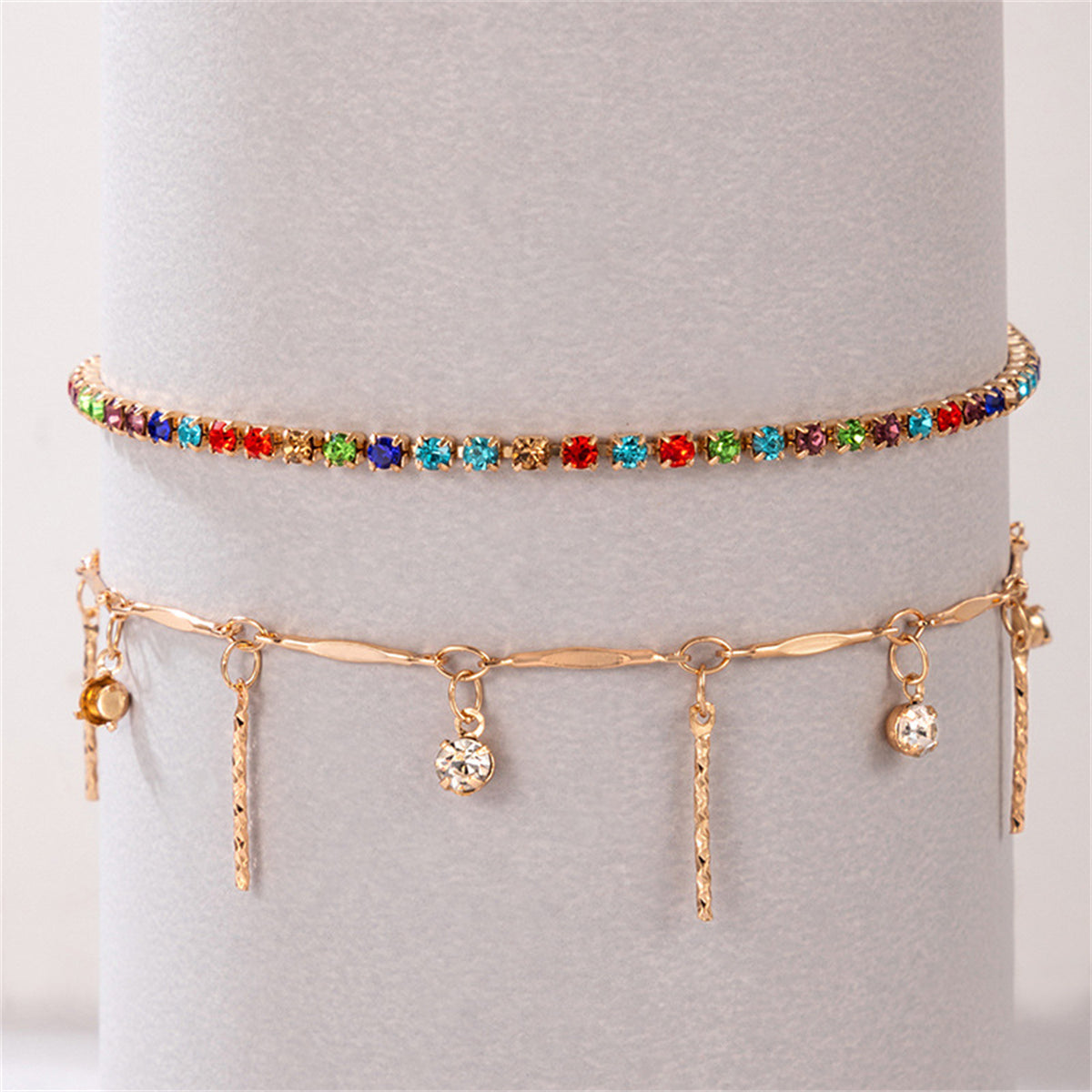 Red Multicolor Cubic Zirconia & 18K Gold-Plated Spike Tassel Anklet Set