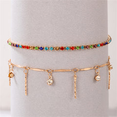 Red Multicolor Cubic Zirconia & 18K Gold-Plated Spike Tassel Anklet Set