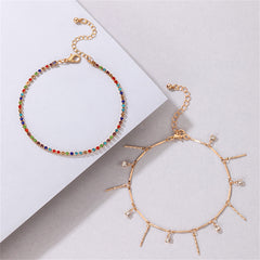 Red Multicolor Cubic Zirconia & 18K Gold-Plated Spike Tassel Anklet Set